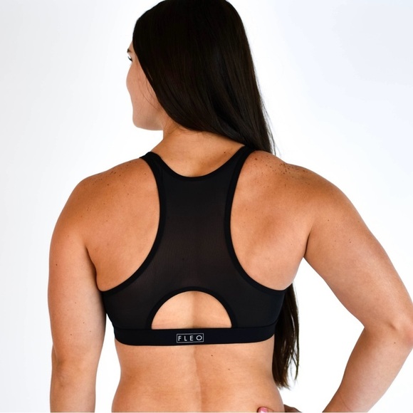 FLEO Maeve Sports Bra Light Support Black Mesh High Neck Racerback Size XS NWT - Picture 3 of 10